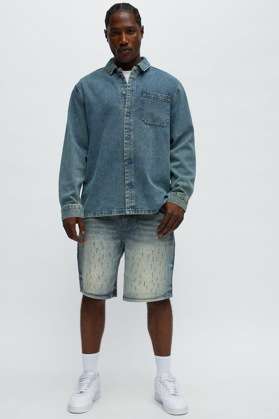 Young Star Jeweled Relaxed Denim Shorts - Medium Blue Wash