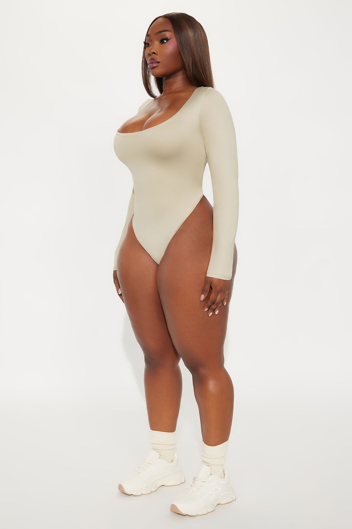 Contour Double Lined Long Sleeve Wide Scoop Neck Bodysuit - Stone