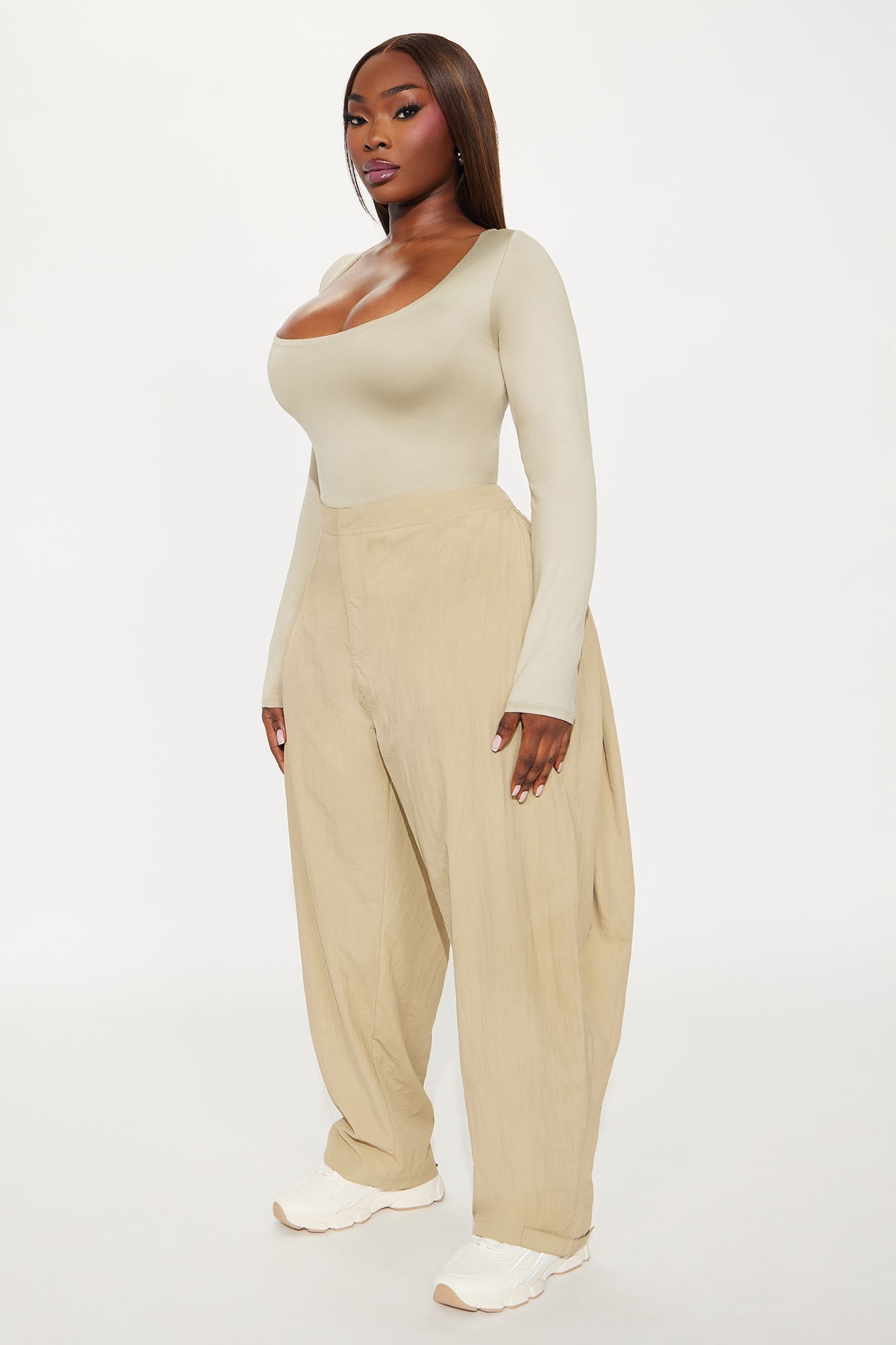 Contour Double Lined Long Sleeve Wide Scoop Neck Bodysuit - Stone