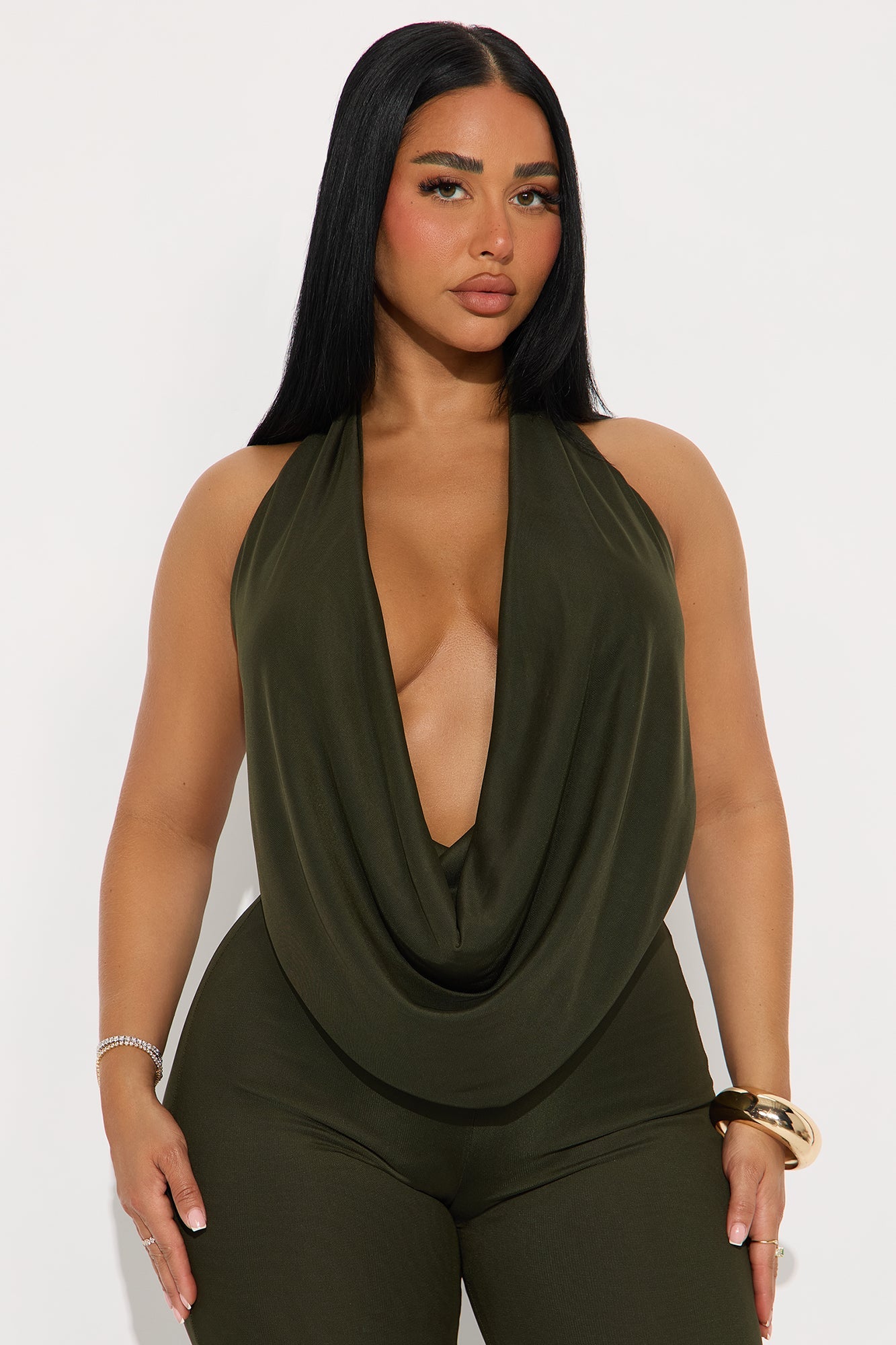 Shayna Cowl Halter Mesh Pant Set - Olive