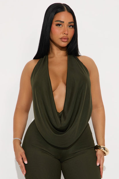 Shayna Cowl Halter Mesh Pant Set - Olive