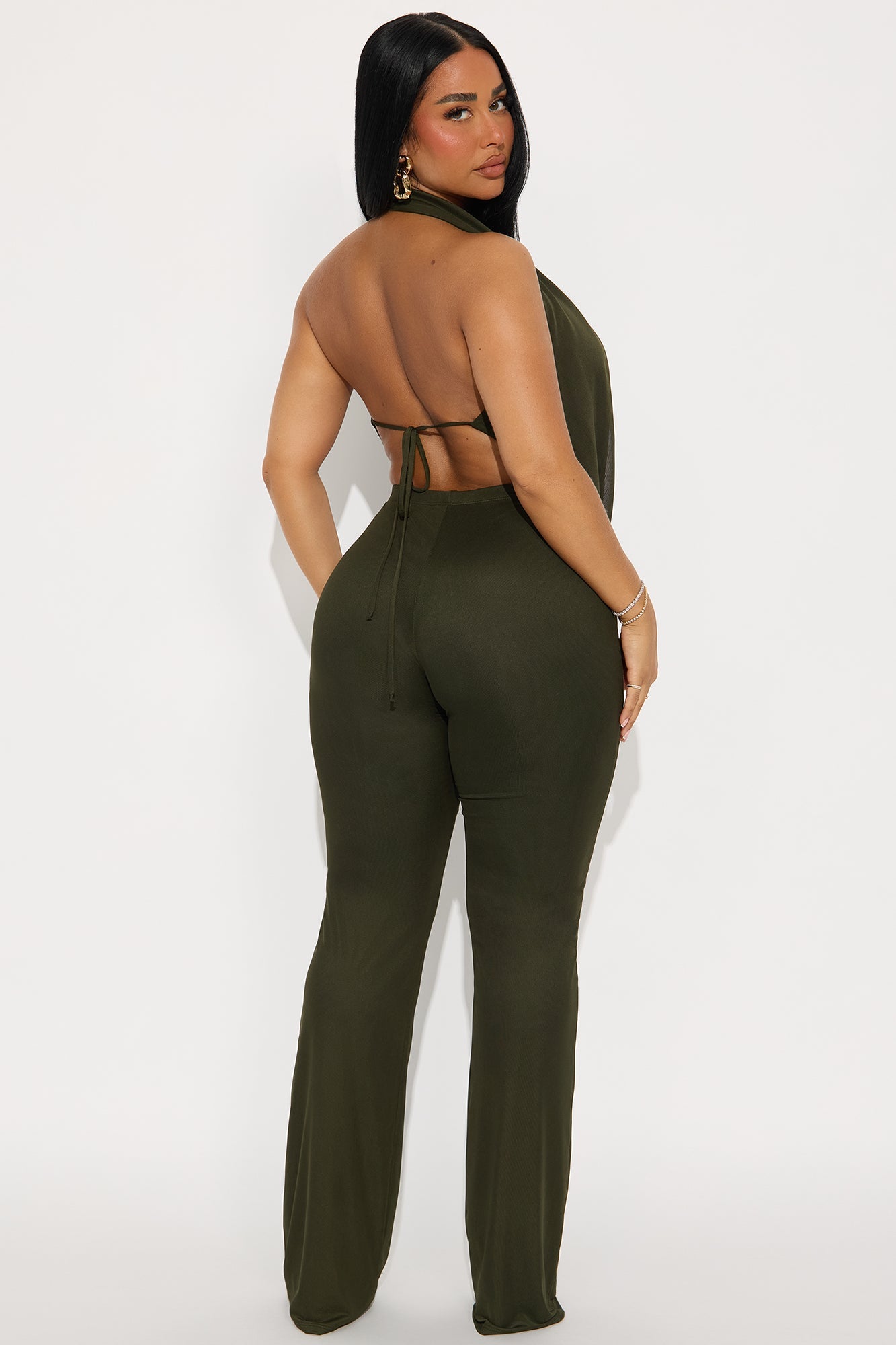 Shayna Cowl Halter Mesh Pant Set - Olive