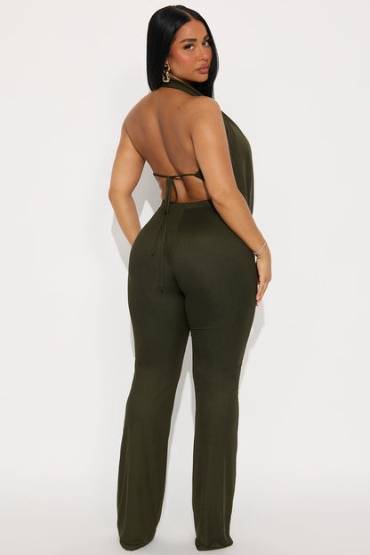 Shayna Cowl Halter Mesh Pant Set - Olive