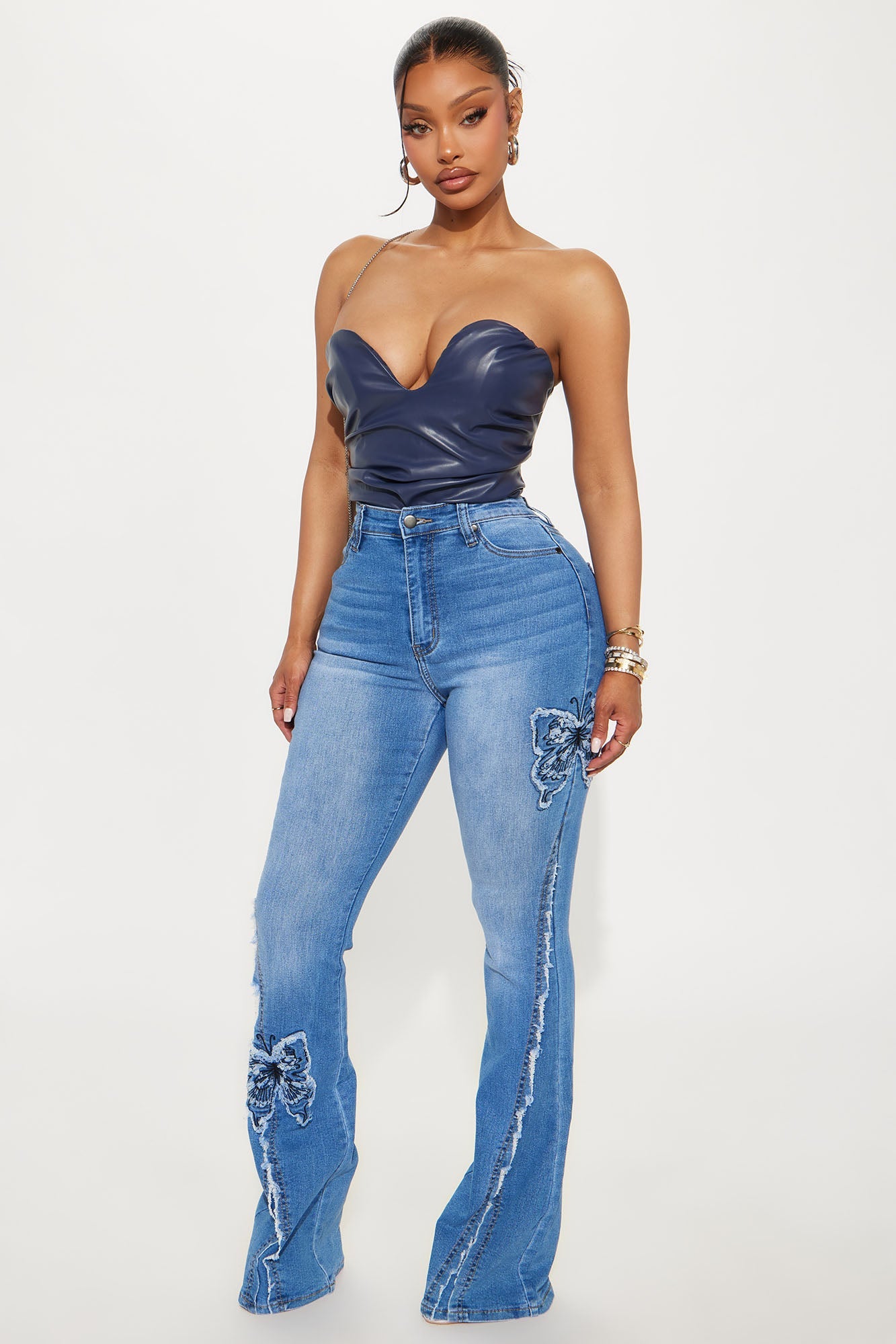 Fluttering Butterfly Embroidered Flare Jeans - Medium Wash