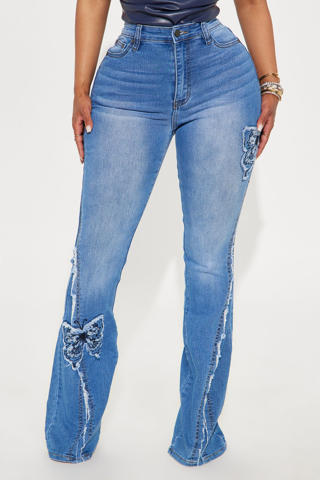 Fluttering Butterfly Embroidered Flare Jeans - Medium Wash