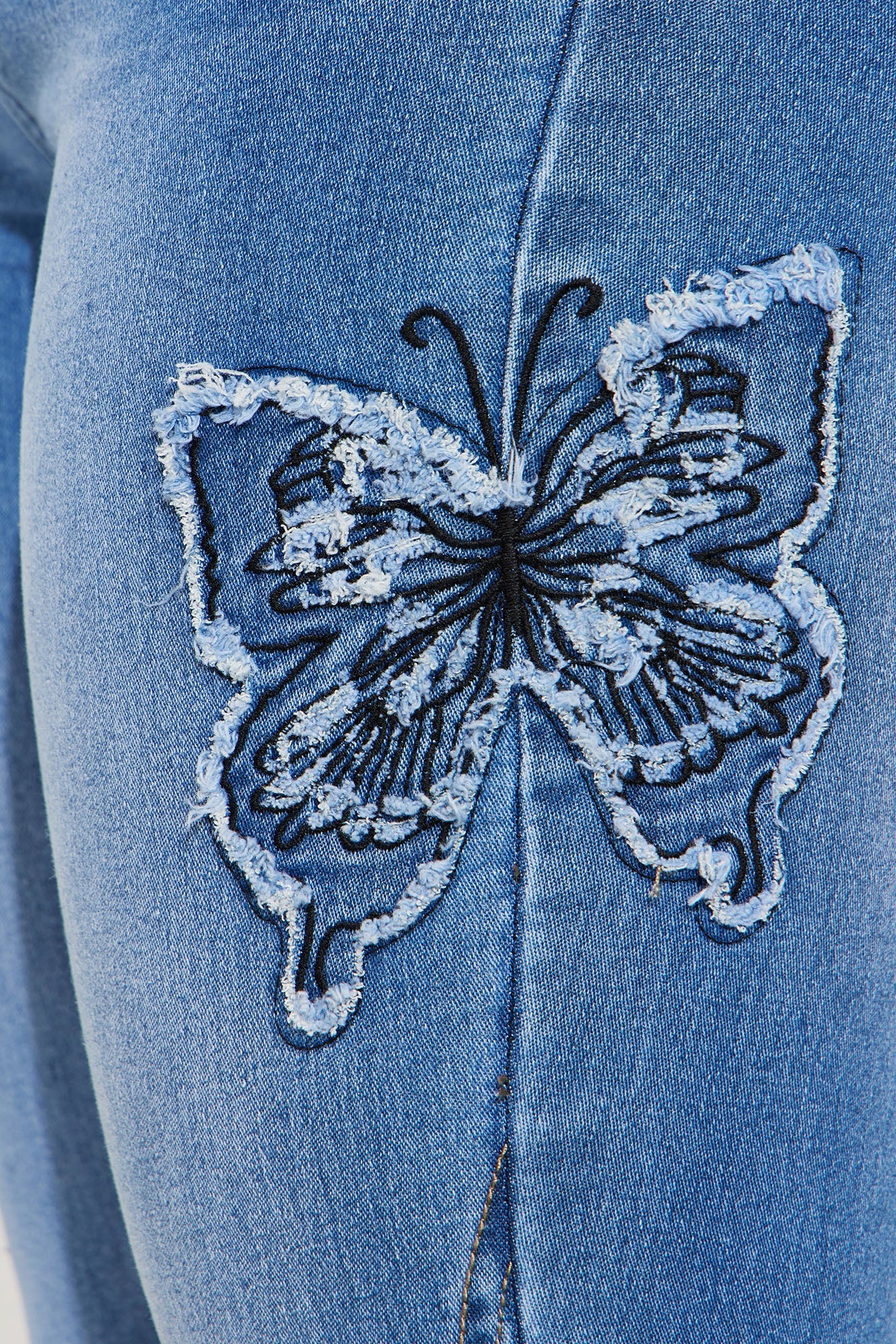 Fluttering Butterfly Embroidered Flare Jeans - Medium Wash