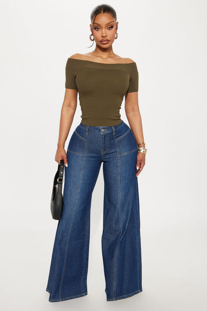 Need Coffee Off Shoulder Sweater - Olive