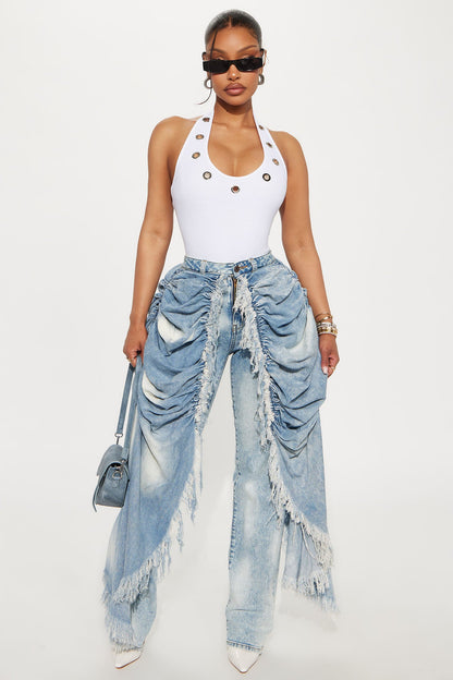 La Belle Skirt Overlay Straight Leg Jeans - Light Blue Wash