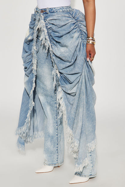 La Belle Skirt Overlay Straight Leg Jeans - Light Blue Wash