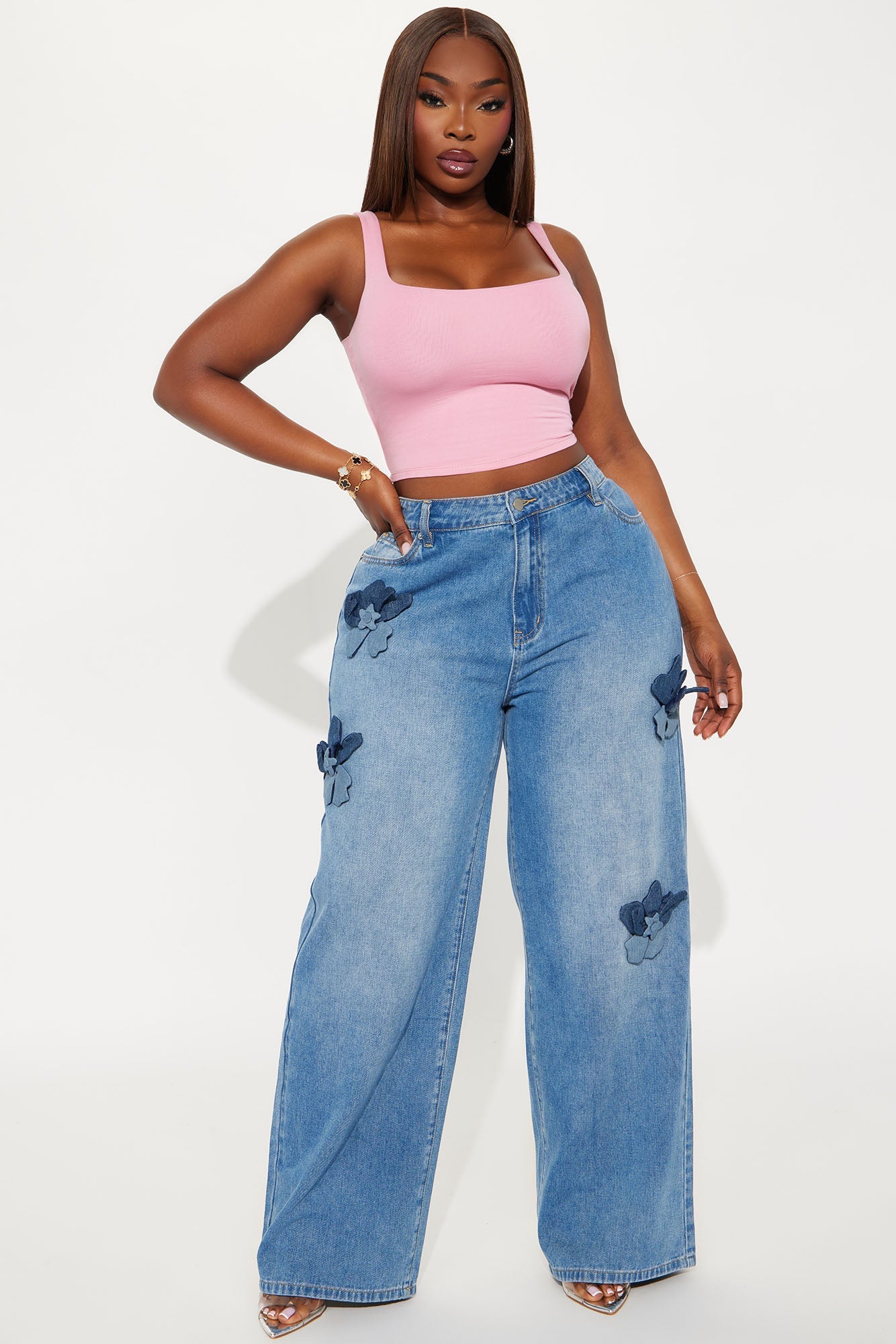 Floria Baggy Flower Applique Jeans - Medium Wash