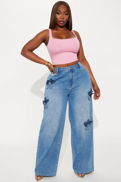 Floria Baggy Flower Applique Jeans - Medium Wash