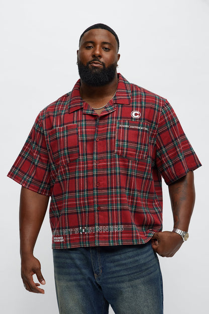 Culture Plaid Cropped Button Up Shirt - Red