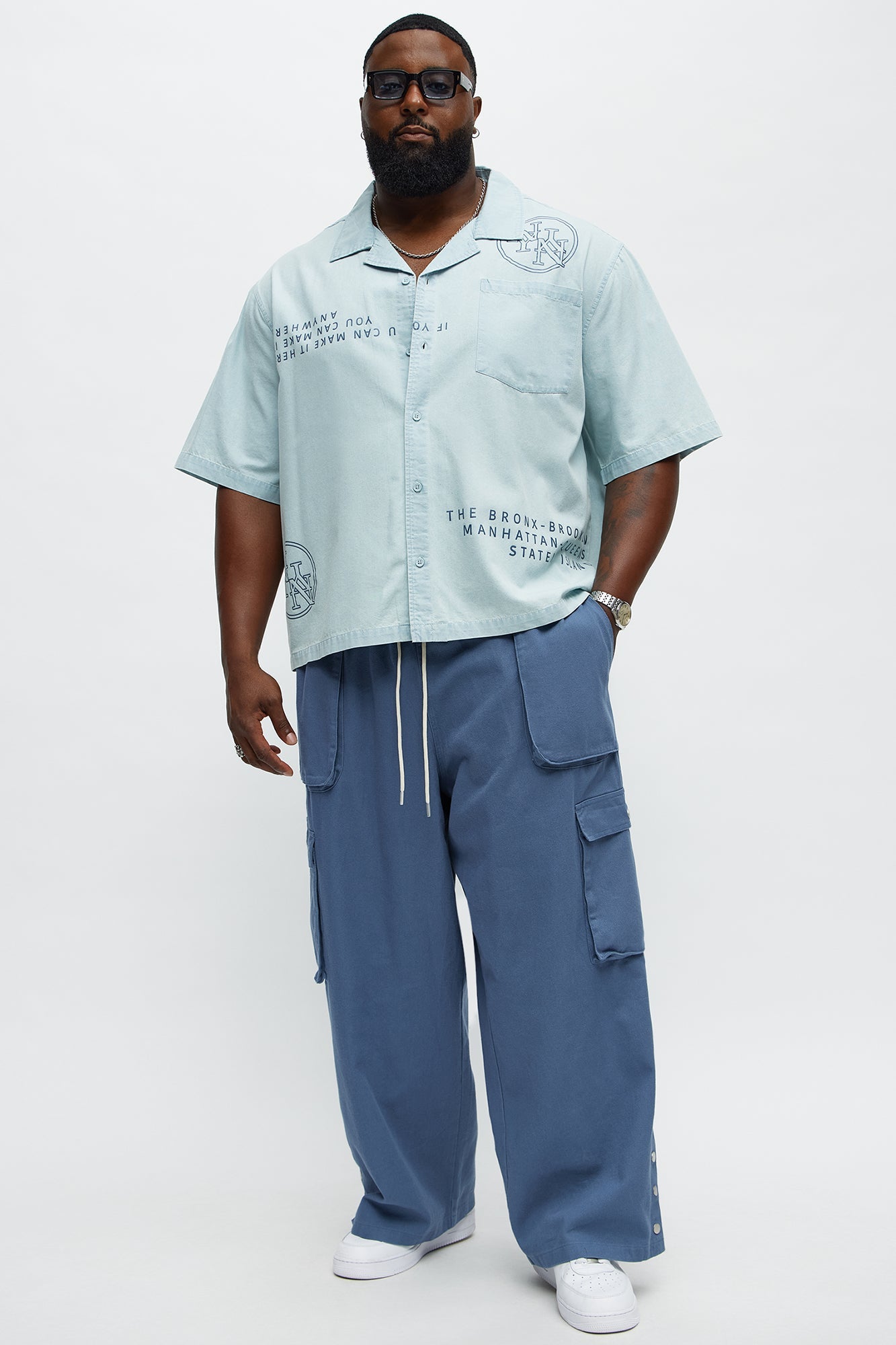 Denim Cuban Collar Button Up Shirt - Light Blue Wash