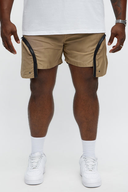 Cargo Pockets Relaxed Drawstring Shorts - Taupe