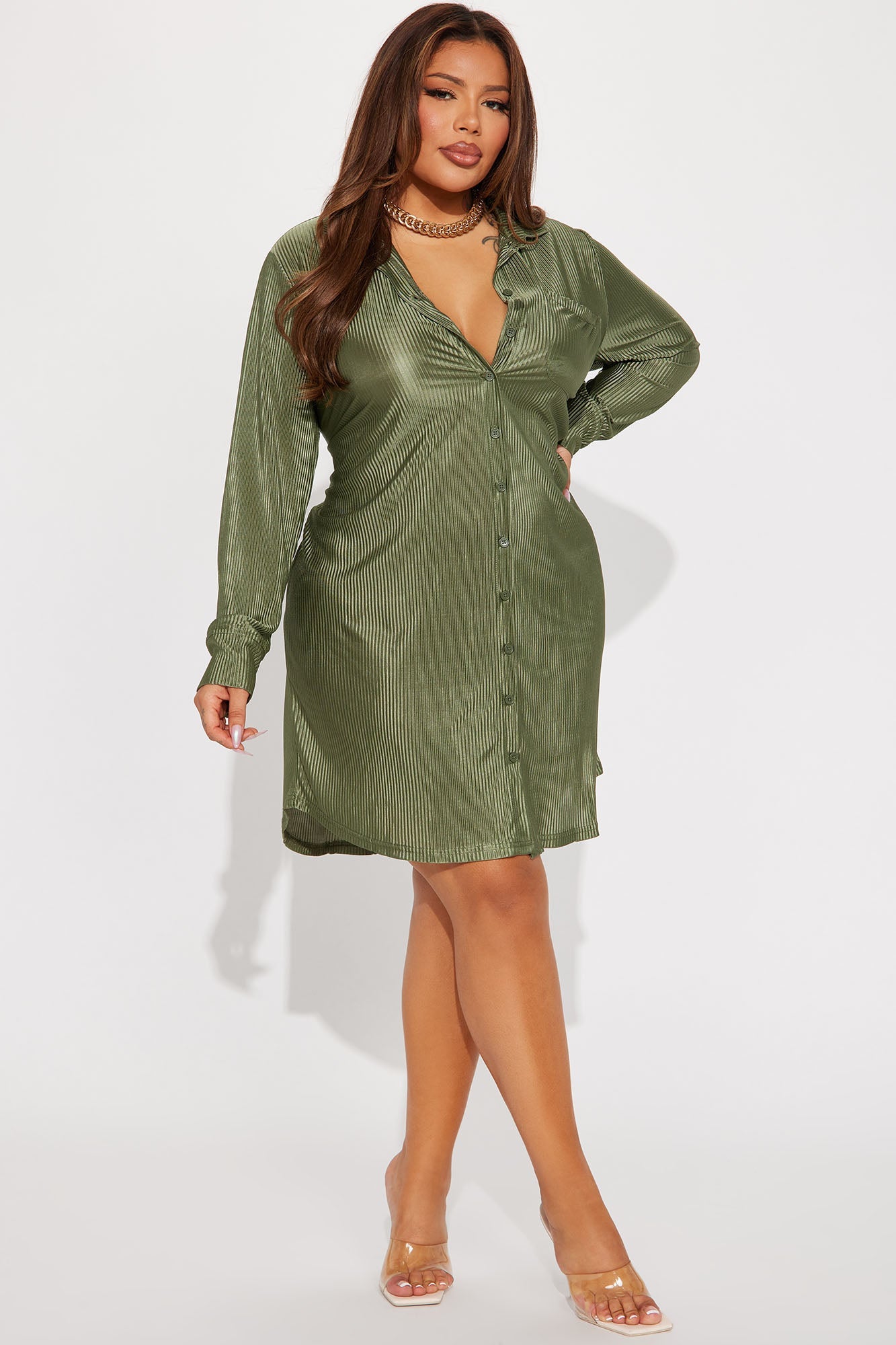 Lisa Plisse Shirt Dress - Olive