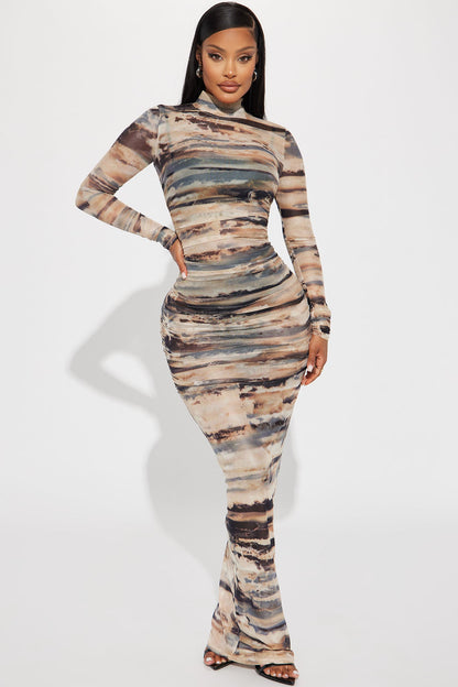 Lily Mesh Maxi Dress Set - Brown/combo