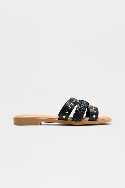 Cally Studded Braided Strap Sandals - Black