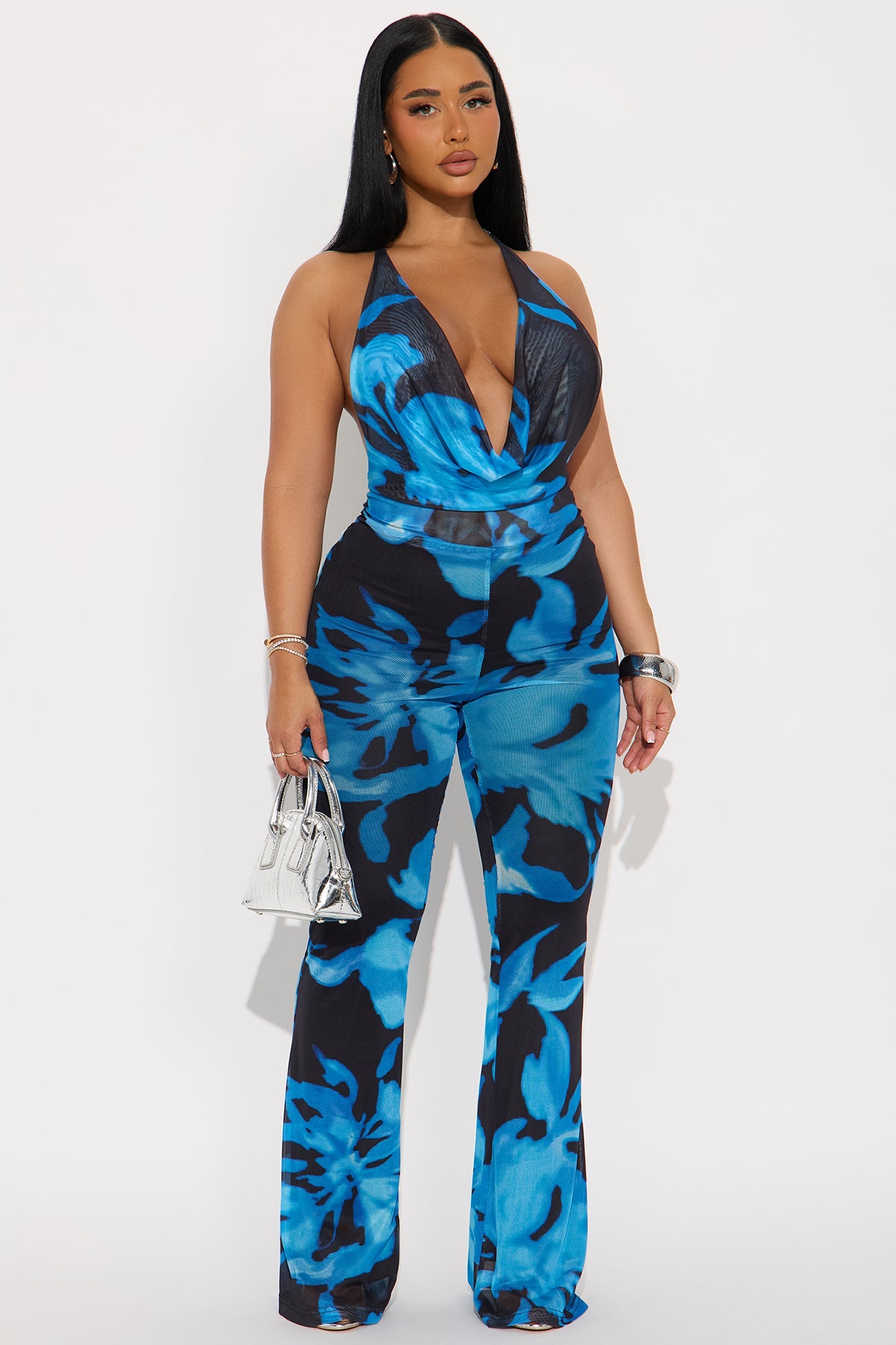 Shared Moments Mesh Backless Jumpsuit - Blue/combo