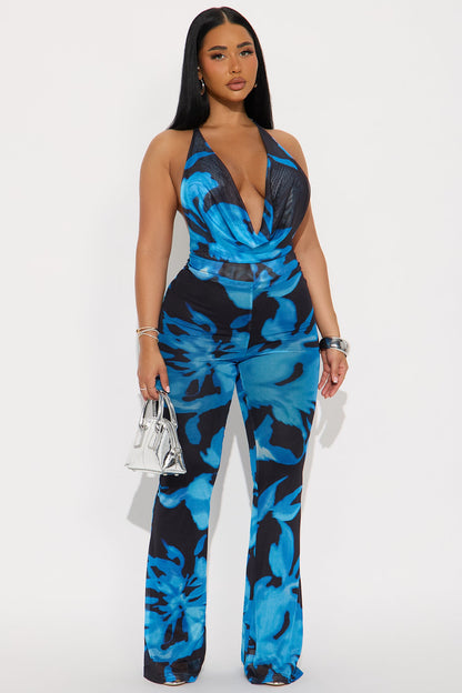Shared Moments Mesh Backless Jumpsuit - Blue/combo
