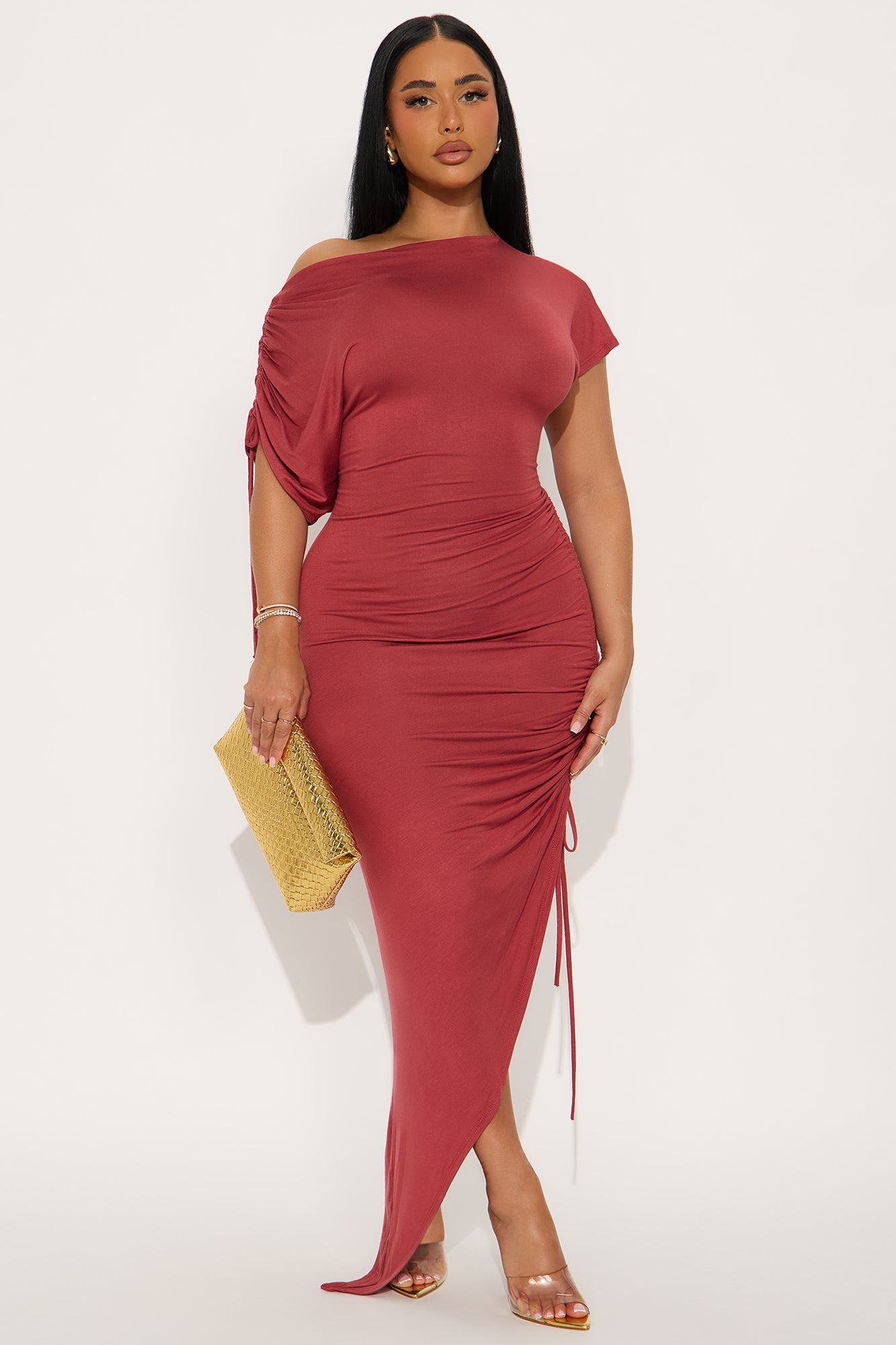Kimberly Ruched Short Sleeve Dress - Marsala
