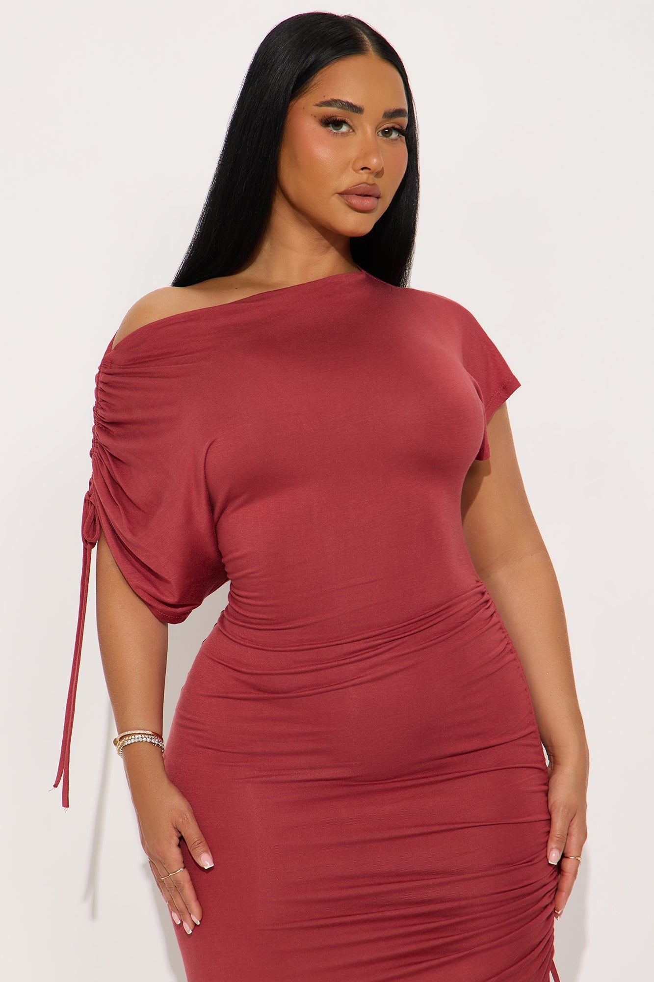 Kimberly Ruched Short Sleeve Dress - Marsala