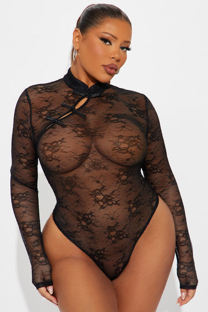 Under The Lights Sheer Lace Long Sleeve Bodysuit - Black