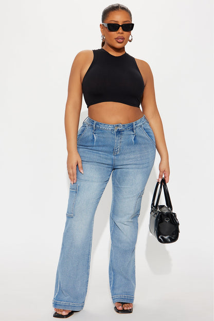 Counting On It Cargo Stretch Flare Jeans - Medium Wash