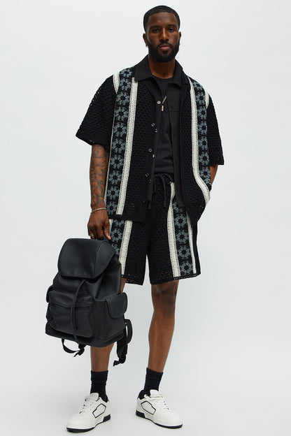 Crochet Panel Cuban Collar Button Up Shirt - Black/combo