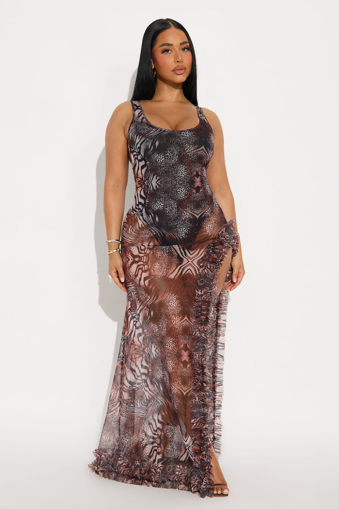 Meant To Be Sheer Maxi Dress - Brown/combo