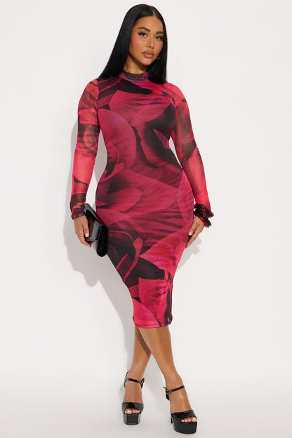 Floral Feelings Mesh Midi Dress - Black/Pink