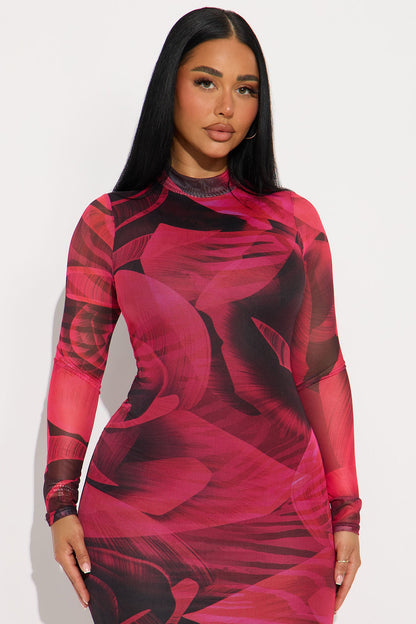Floral Feelings Mesh Midi Dress - Black/Pink