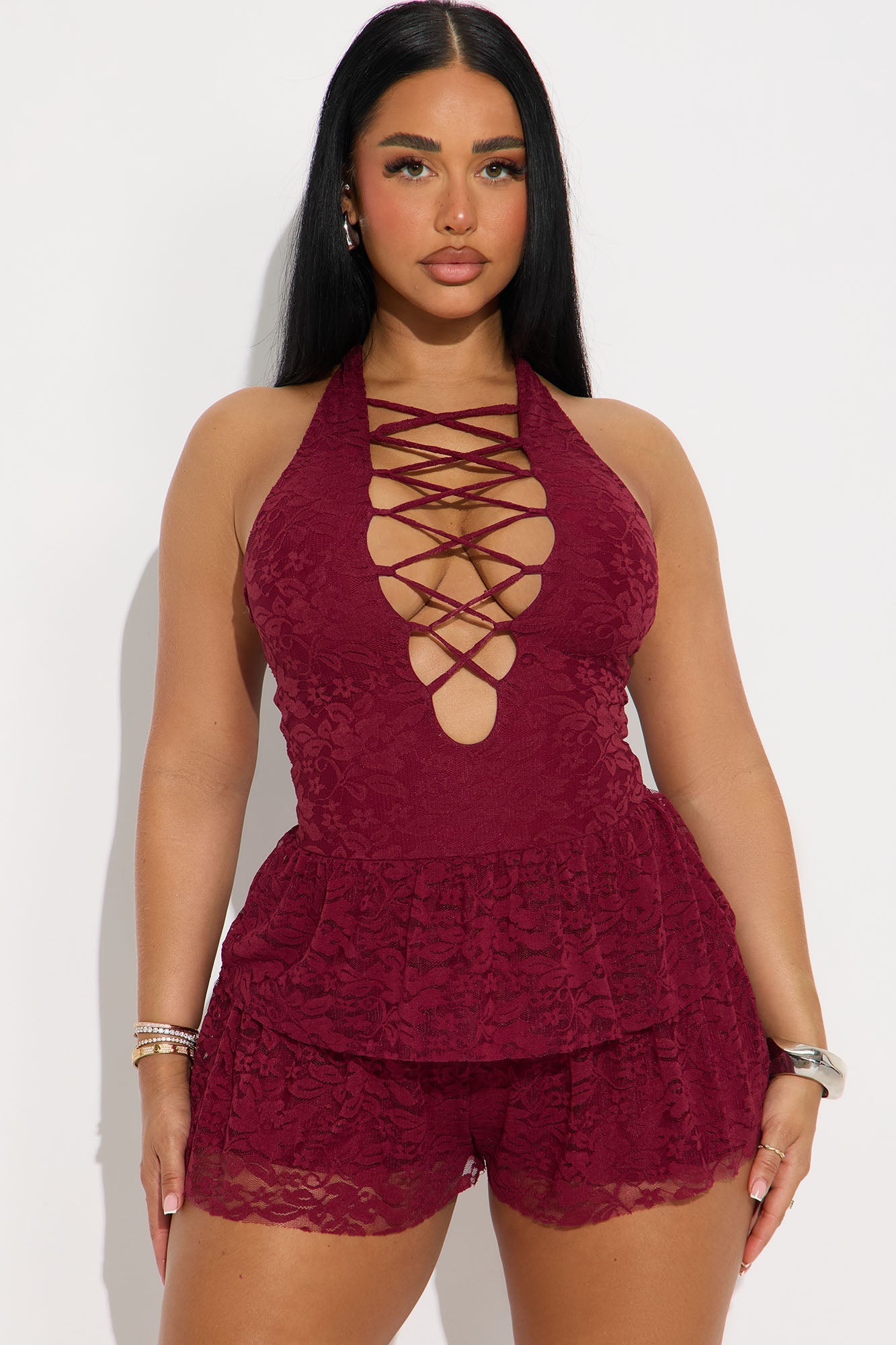 Valentina Halter Lace Romper - Burgundy