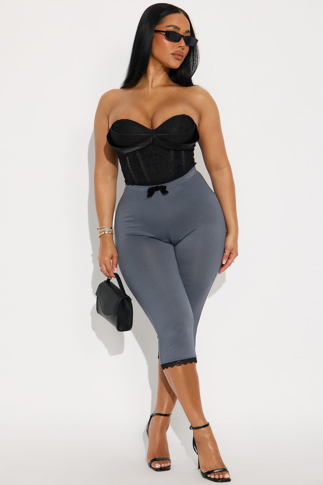 Valentina Solid Lace Trim Capri Legging - Charcoal