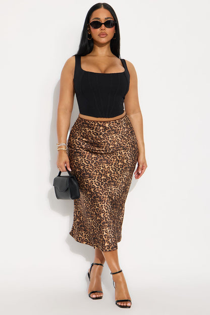 Micah Satin Leopard Print Midi Skirt - Leopard