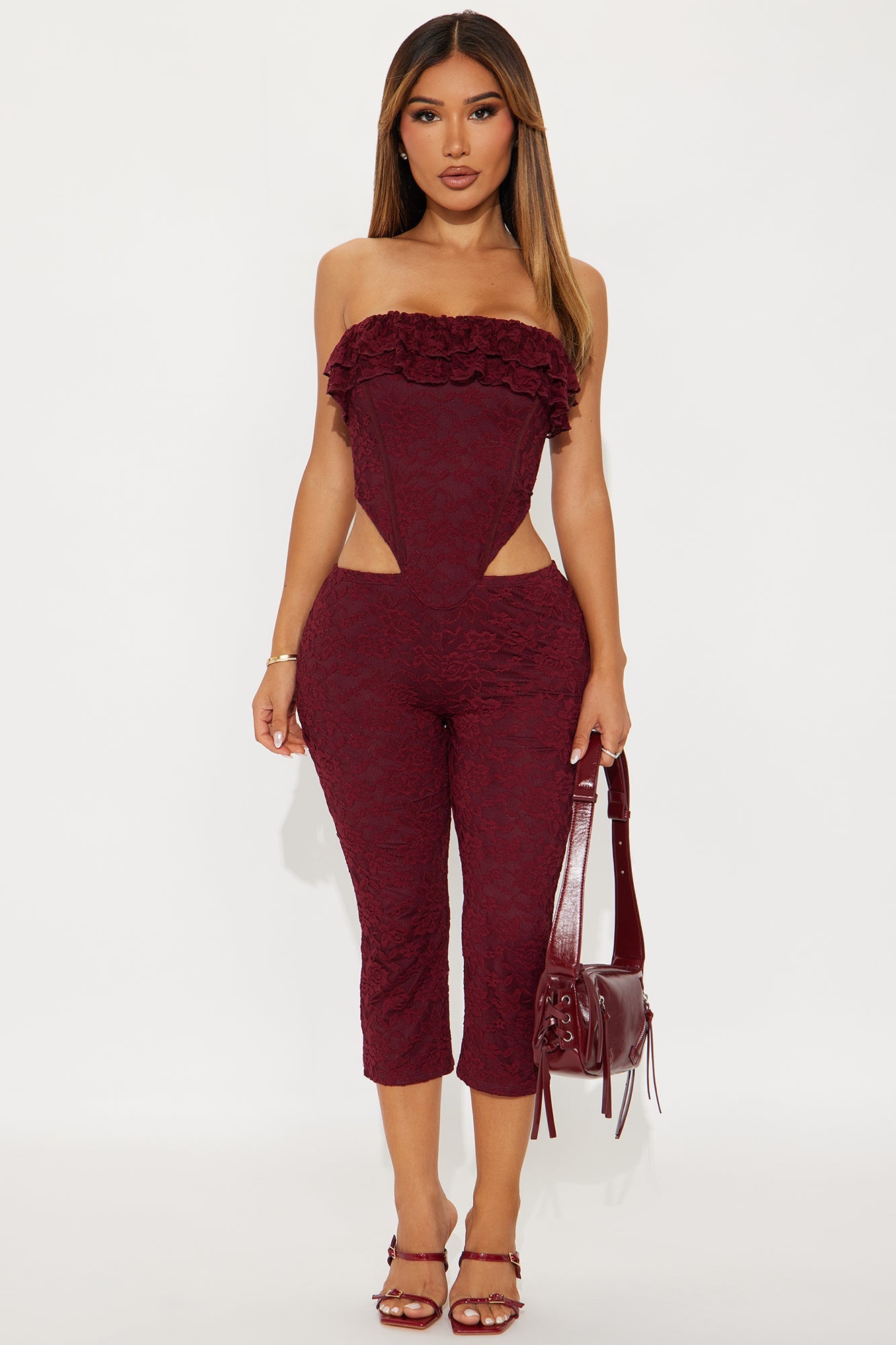 Micah Lace Strapless Capri Jumpsuit - Wine