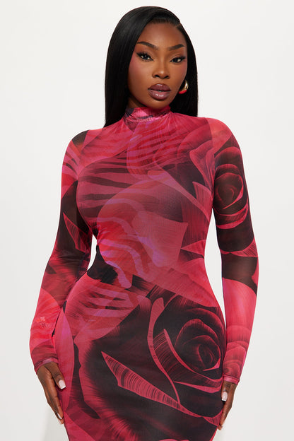 Floral Feelings Mesh Midi Dress - Black/Pink