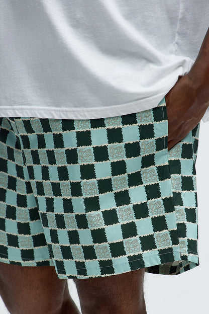 Coastal Squares Printed Checkered Swim Mid Trunk - Green/combo