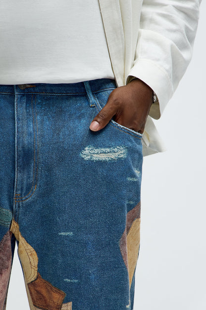 Straight Western Patched Printed Jeans - Dark Wash