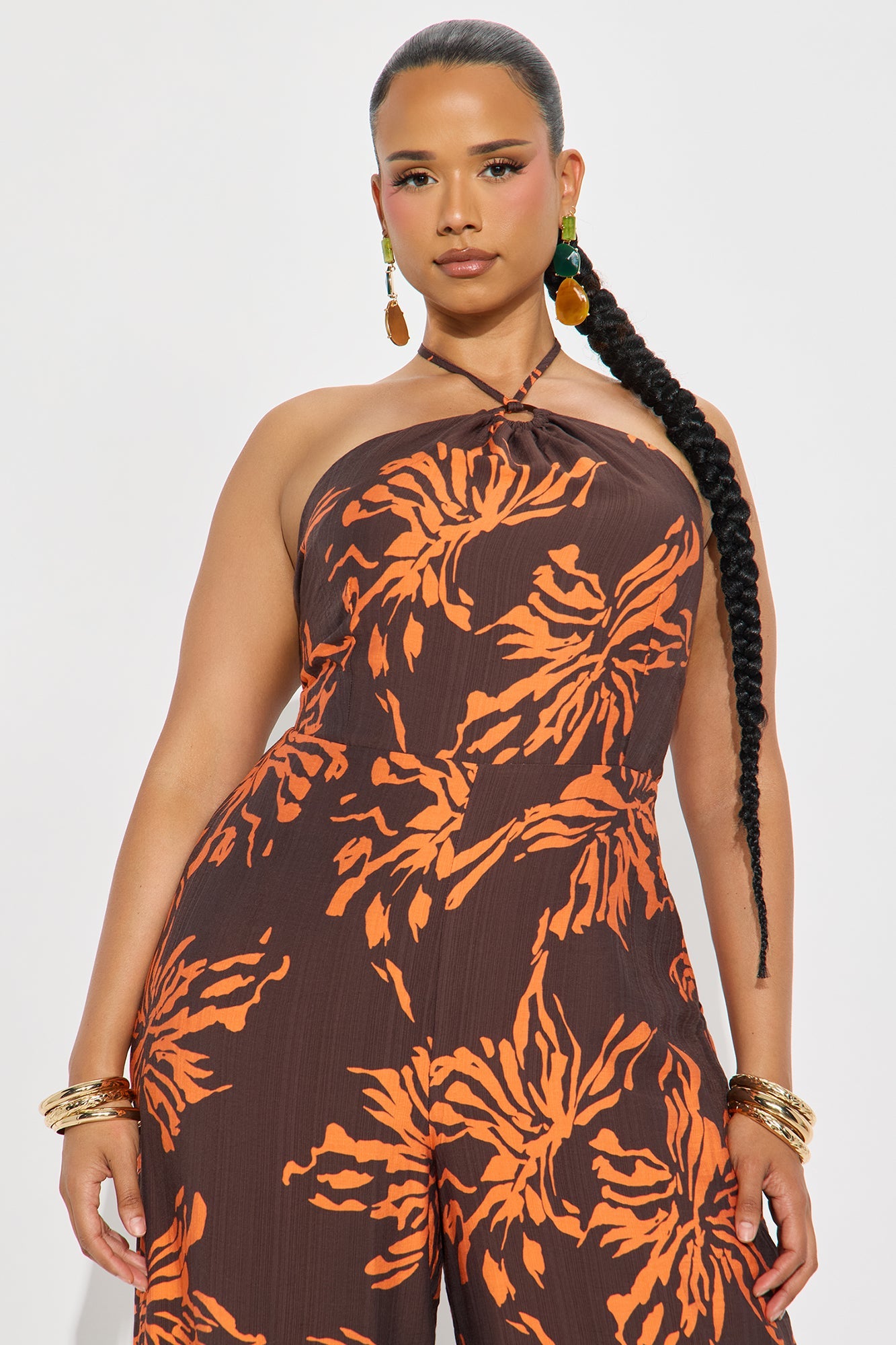 Serena Linen Halter Jumpsuit - Brown Combo