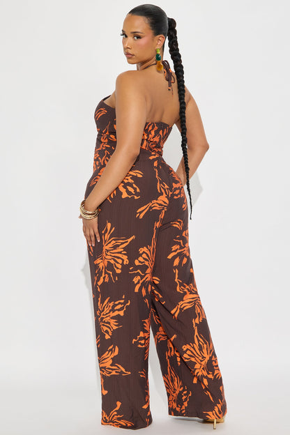 Serena Linen Halter Jumpsuit - Brown Combo