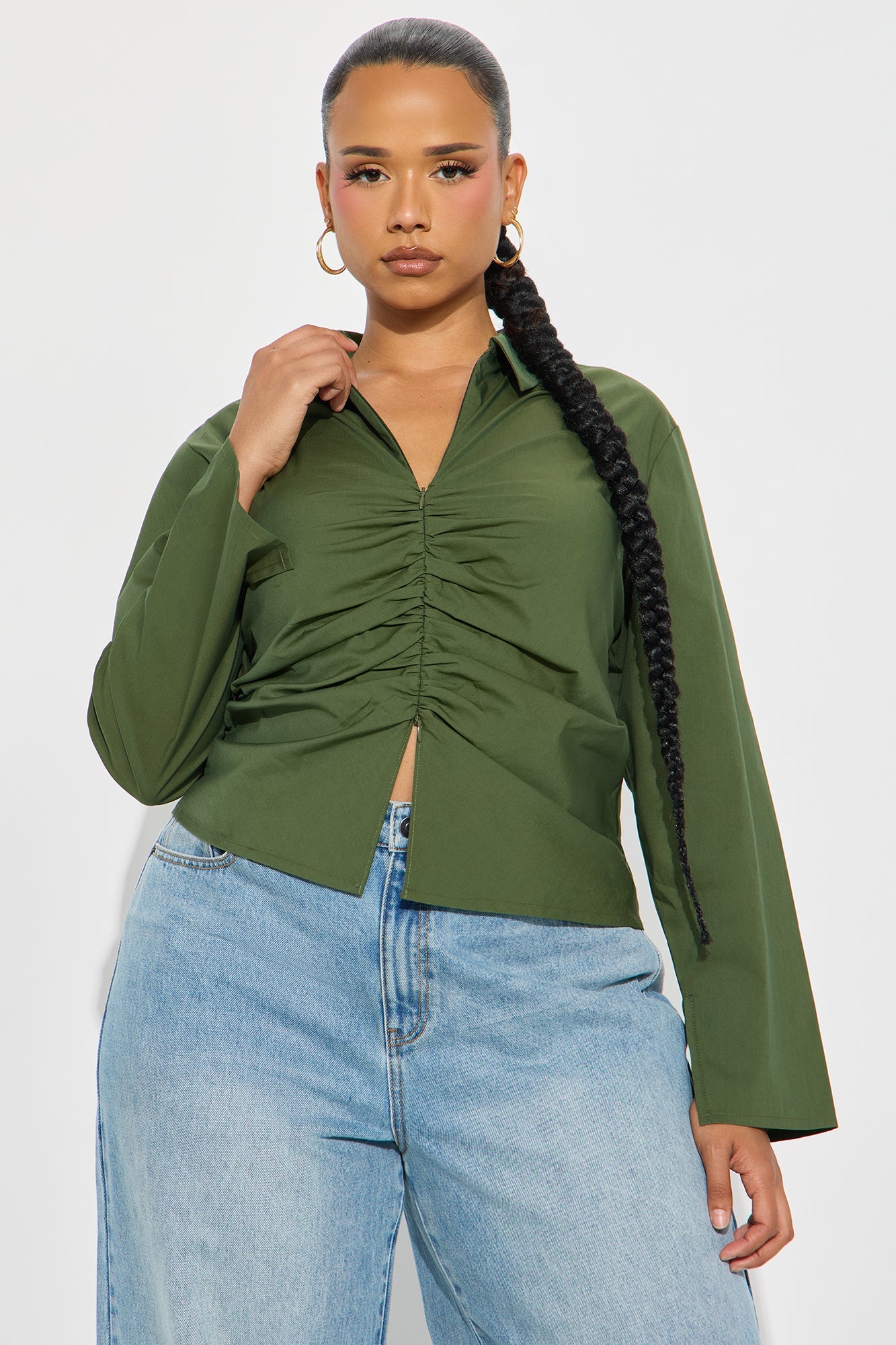 Mellowed Out Front Zip Poplin Shirt - Dark Olive