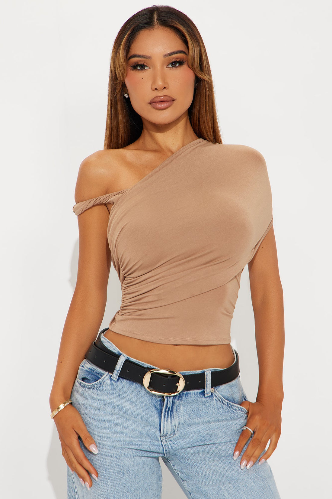 Josilyn Ruched Twist Top - Taupe