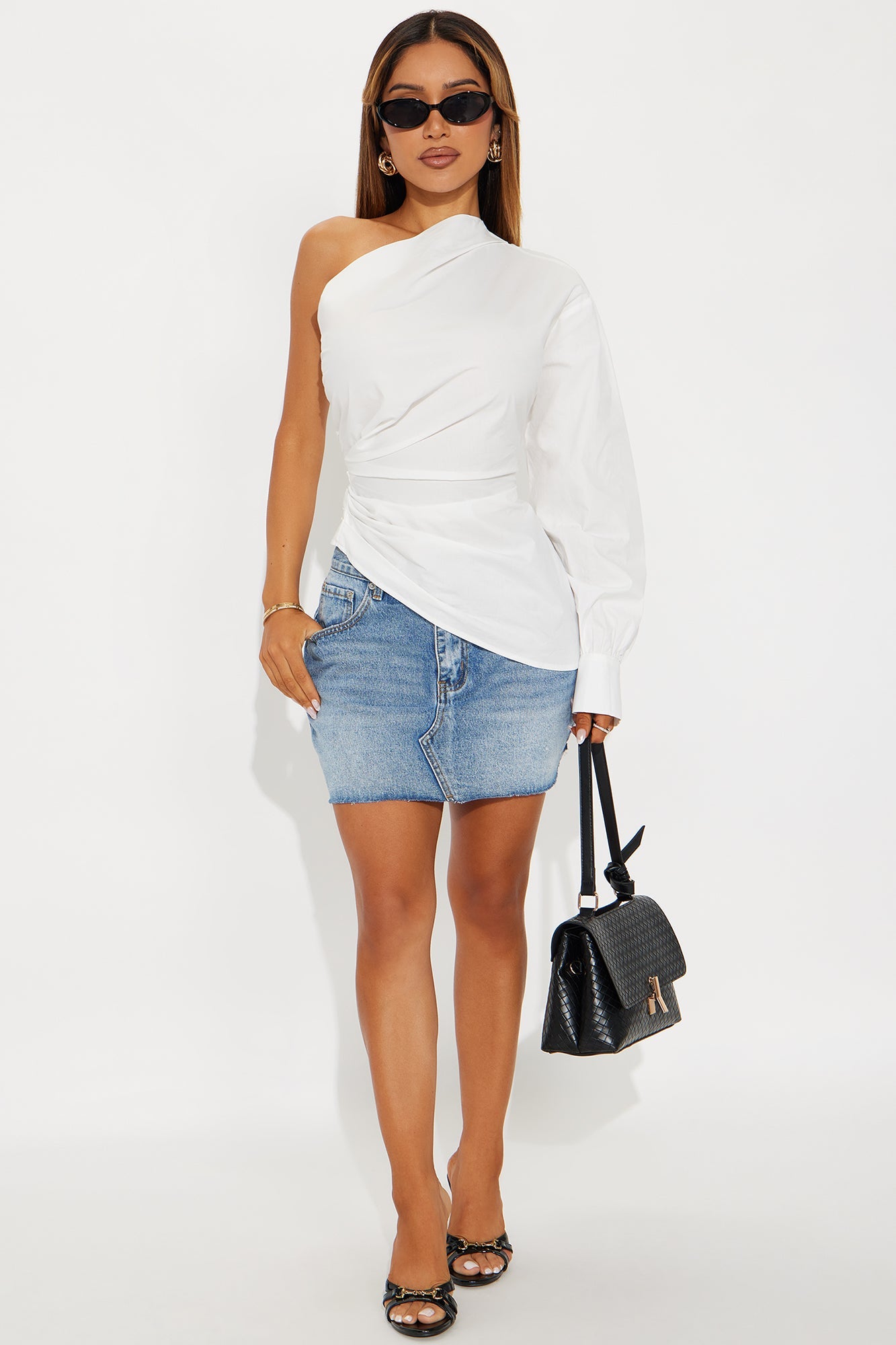 Dahlia One Shoulder Poplin Top - White