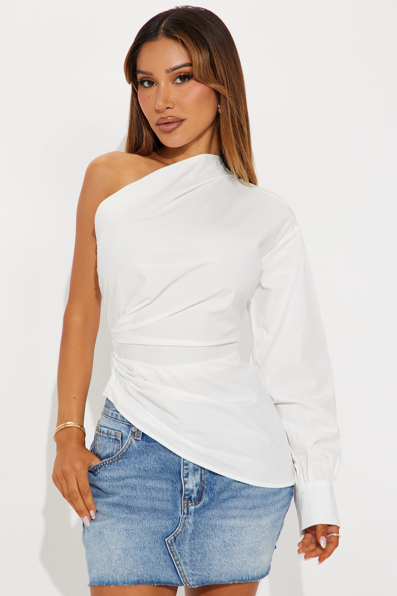 Dahlia One Shoulder Poplin Top - White
