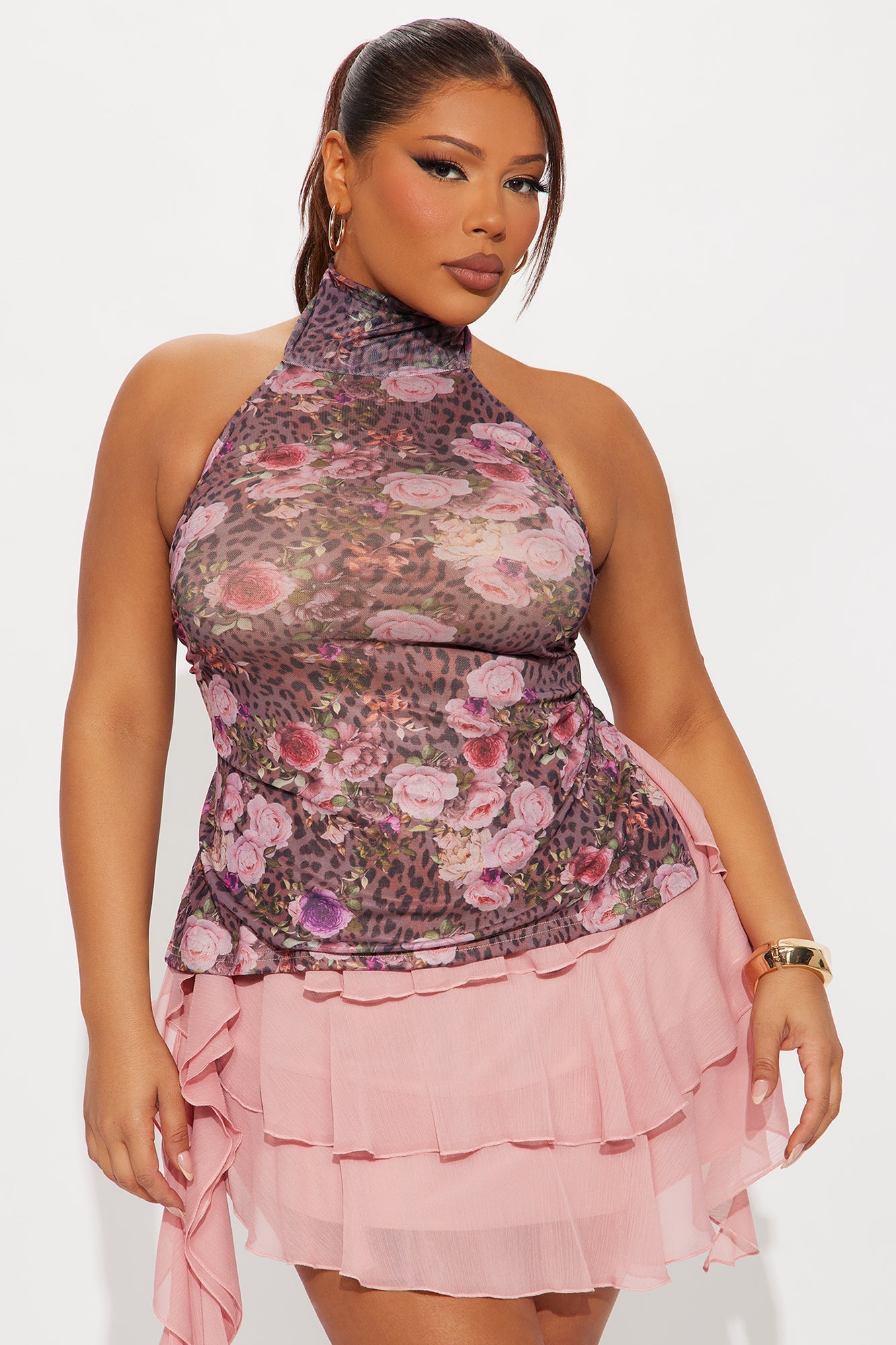 Club Temptation Mock Neck Halter Top - Leopard