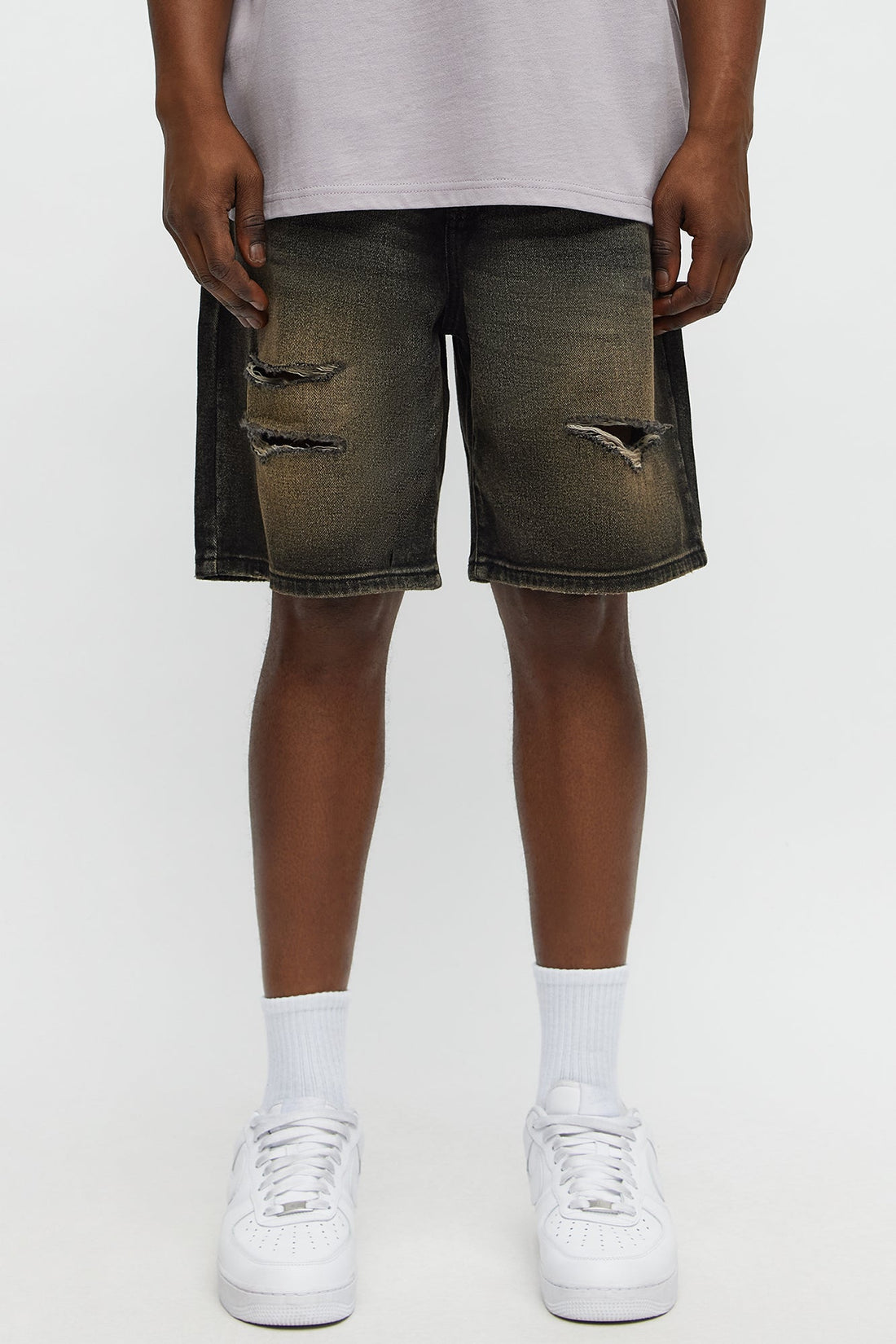 Relaxed All Alone Distressed Denim Shorts - Black Wash