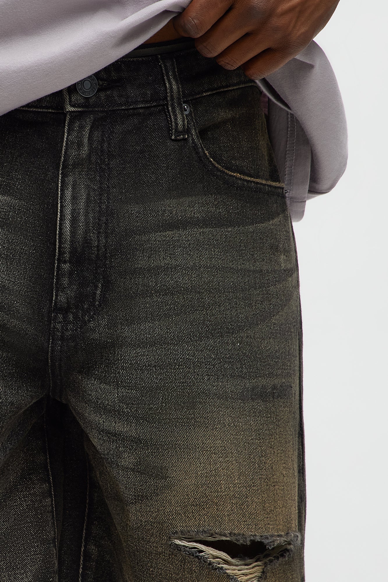 Relaxed All Alone Distressed Denim Shorts - Black Wash