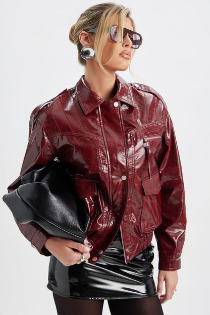 Follow My Lead Faux Leather Oversized Bomber Jacket - Burgundy