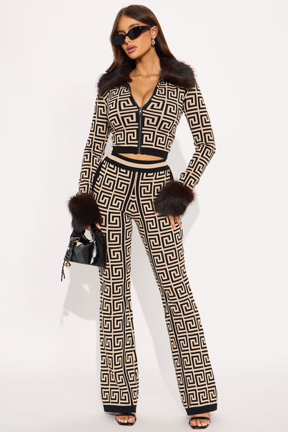 Rich Auntie Faux Fur Trim Sweater Pant Set - Taupe/combo