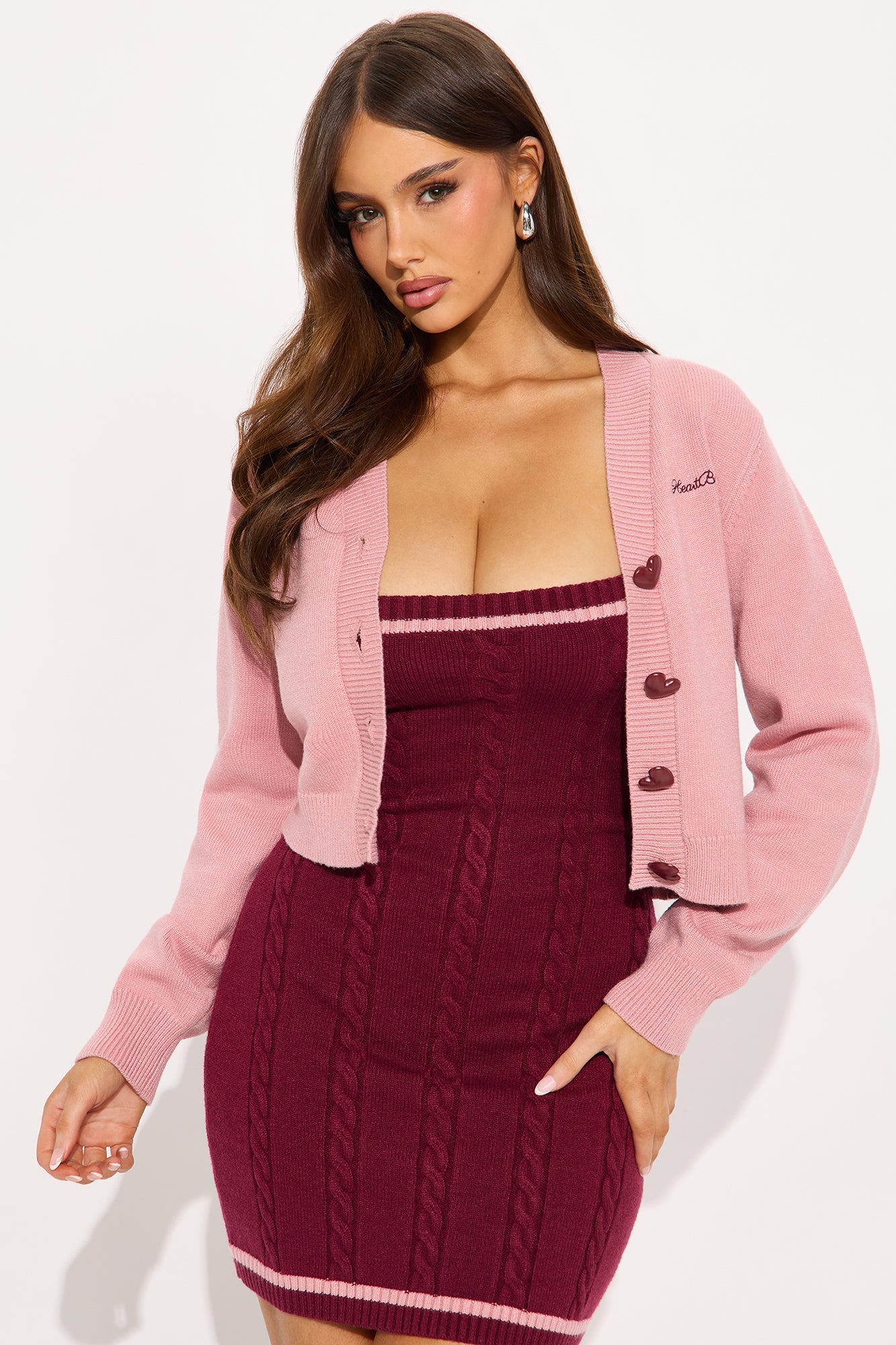Book of Secrets Cable Knit Mini Dress Set - Burgundy/combo